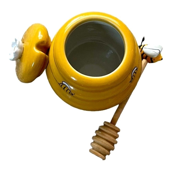 Mini Honey Pot Ceramic Jar & Wood Dipper Honey Miel Joie MSC Beehive with Bee - Picture 6 of 6